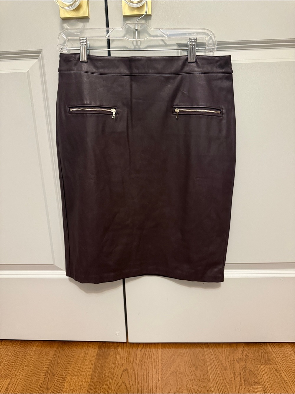 LOFT Dark Brown Faux Leather Pencil Skirt with Zip Details